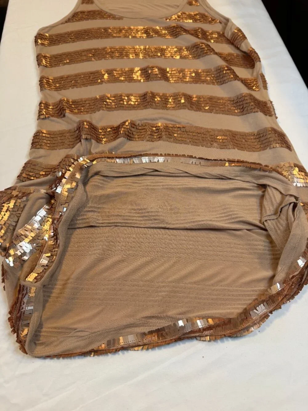 Michael Kors Tan Gold Sequin Striped Sleeveless Tank Dress - L